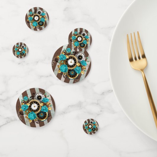 Confettis Steampunk Clock and Turquoise Roses on Striped (Groupe)