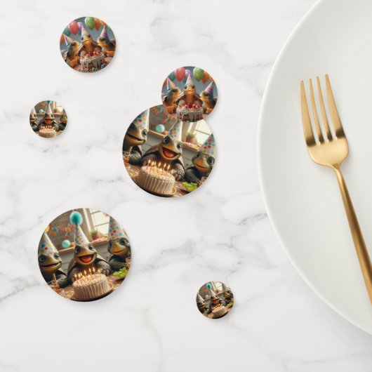 Confettis Tortues célébrant l'anniversaire avec gâteau et ca (Groupe)