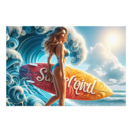 Confident Surfer Girl Walking Beach Waves Art Foto Afdruk