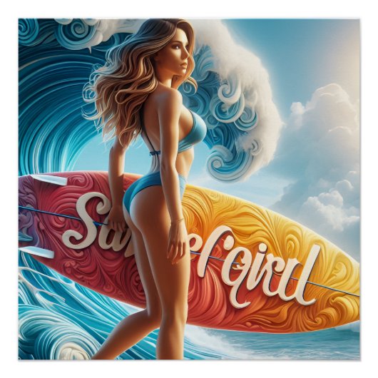 Confident Surfer Girl Walking Beach Waves Art Perfect Poster (Voorkant)