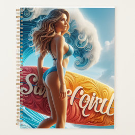 Confident Surfer Girl Walking Beach Waves Art Planner