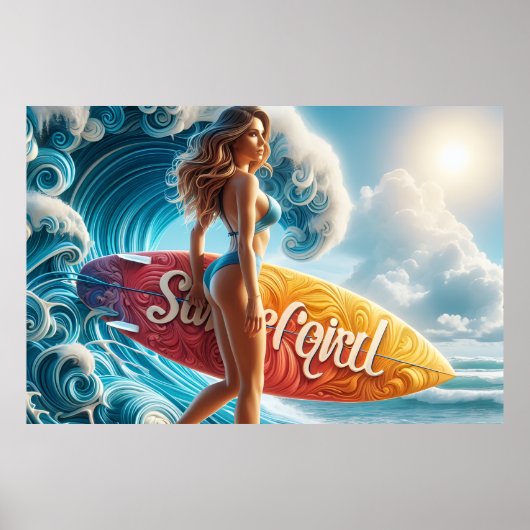 Confident Surfer Girl Walking Beach Waves Art Poster (Voorkant)