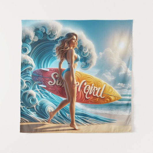 Confident Surfer Girl Walking Beach Waves Art Wandkleed (Voorkant)