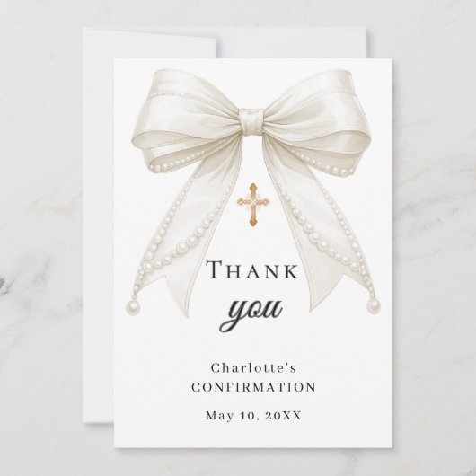 Confirmation bow white ivory pearls bedankkaart (Voorkant)
