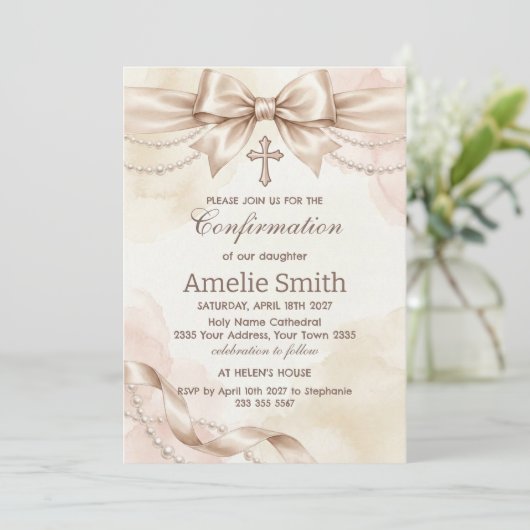 Confirmation Invitation with Beige Bow and Pearls (Debout devant)
