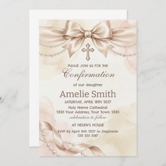 Confirmation Invitation with Beige Bow and Pearls (Devant / Derrière)