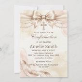 Confirmation Invitation with Beige Bow and Pearls Kaart (Voorkant)