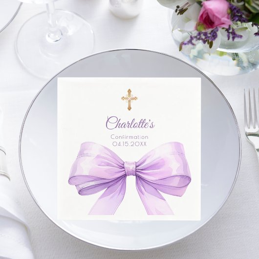 Confirmation lavender bow cross luncheon servet