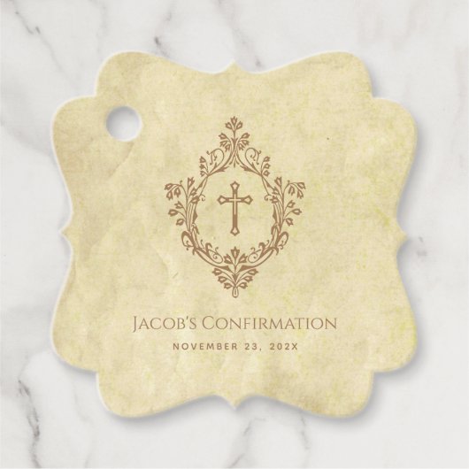 Confirmation Vintage Parchment Brown Cross & Crest Bedankjes Labels (Voorkant)