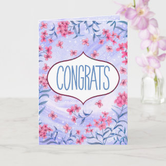 Congrats Blue and Pink Floral Celebration Card Kaart