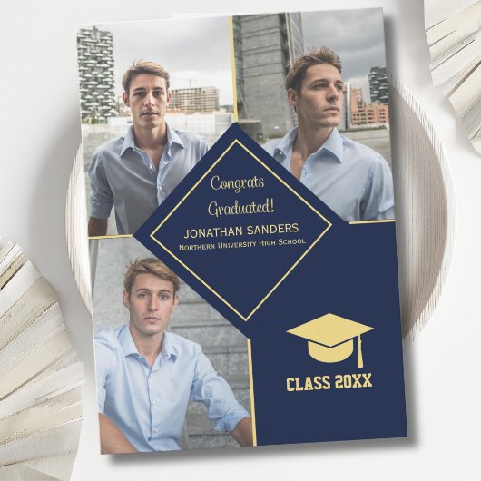 Congrats Graduated Collage 3 Photos for Him Navy Aankondiging