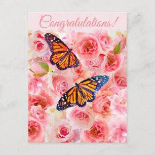 Congrats Roze Waterverf Rozen en Vlinders Briefkaart
