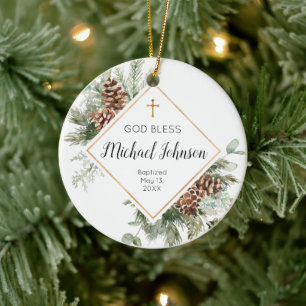 Conifer Cone Personalized Boy Baptism Ornament