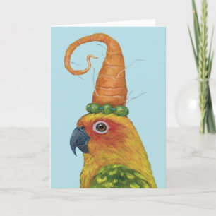 Connor de conure met pet van wortel en erwten kaar kaart