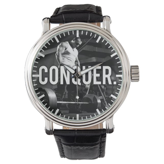 CONQUER - "Body building" Workout Motivatie Horloge (Voorkant)