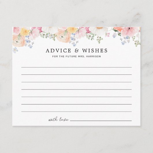 Conseil Carte de conseils de fête prénuptiale florale past (Devant)