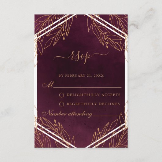 Conseil Carte RSVP de mariage Bourgogne et d'or (Devant)