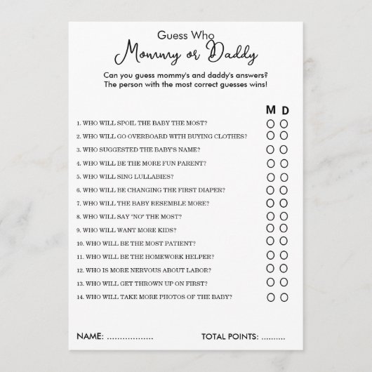 Conseil Devinez Qui maman ou papa Carte Baby shower de jeu (Devant)