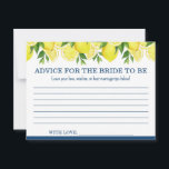 Conseil pour la douche à citron pour mariée à cart<br><div class="desc">Envoyez la mariée dans la vie conjugale avec un coeur plein d'amour et de rire en utilisant cette carte de conseil charmant pour la future mariée. Les invités partageront des paroles réfléchies, la sagesse du mariage ou de doux encouragements, créant ainsi un souvenir précieux qu’elle chérira bien après la douche....</div>
