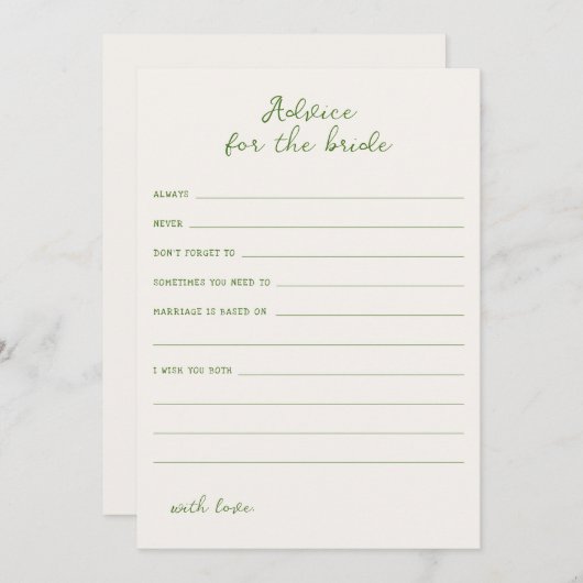 Conseil vert manuscrit pour la carte de fiancée (Devant / Derrière)