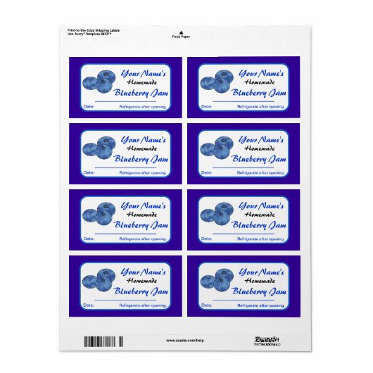 Conserver Étiquettes Blueberry Jam Ajouter un nom (Feuille entière)