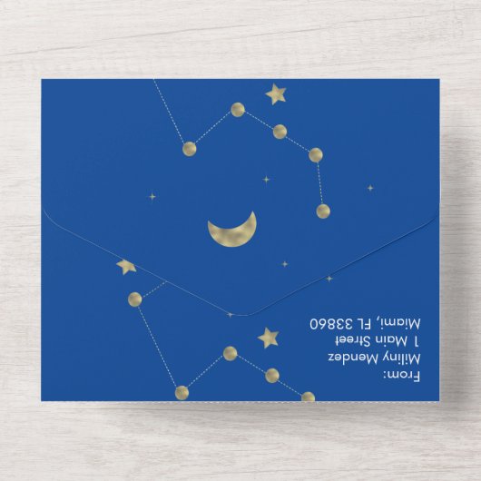 Constellatie Gouden Maan Astrologie Script Trouwen All In One Uitnodiging (Achterkant)