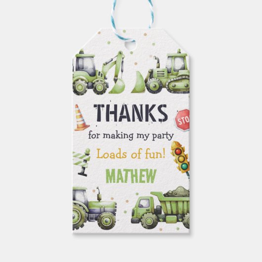 Constructie dumptruck graafmachine 1e verjaardag cadeaulabel (Voorkant)