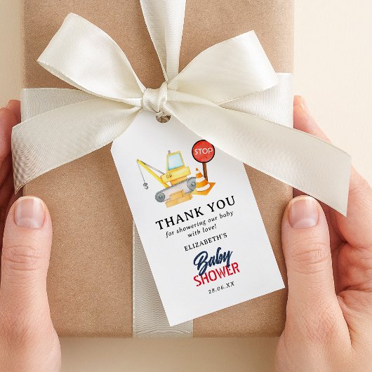 Constructie met Baby shower Cadeaulabel