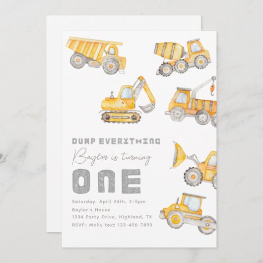 Construction 1er Anniversaire Invitation (Devant / Derrière)