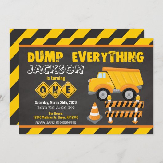 Construction 1er Birthday Invitation Chalkboard (Devant / Derrière)