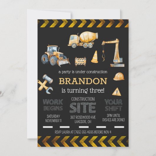 Construction 3rd Boys Birthday Party Invitation (Devant)