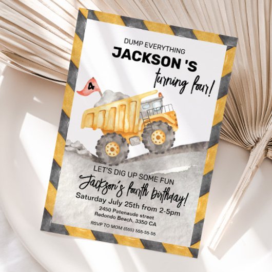 Construction 4th Birthday Invitation, Dump Truck Kaart