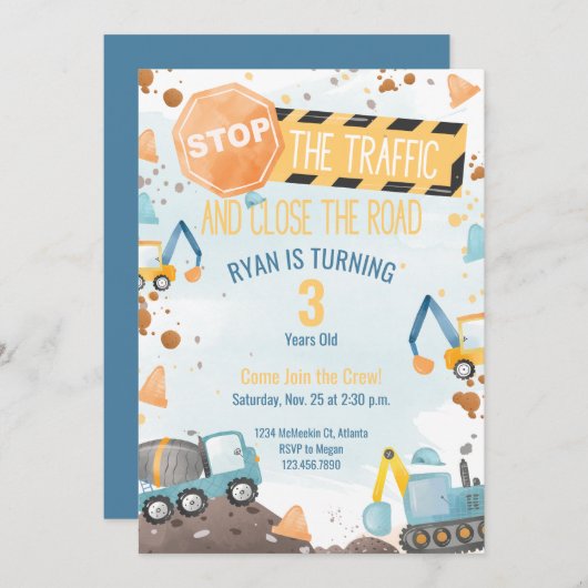 Construction Anniversaire Fête Invitation Garçons  (Devant / Derrière)