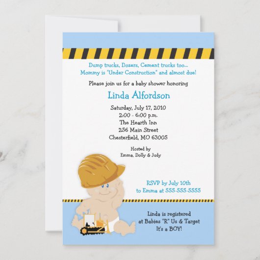 CONSTRUCTION Baby shower OUVRIER Invitation 5x7 (Devant)