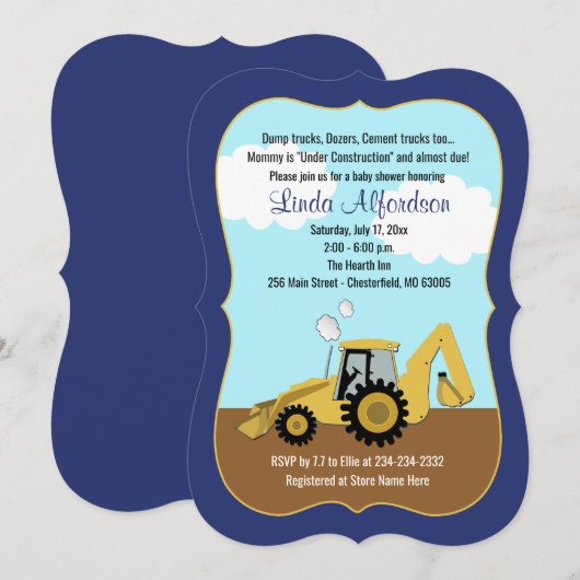 Construction Backhoe Boy Baby shower Invitation (Devant / Derrière)