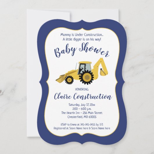 Construction Backhoe Boy Baby shower Invitation (Devant)