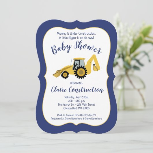 Construction Backhoe Boy Baby shower Invitation (Debout devant)