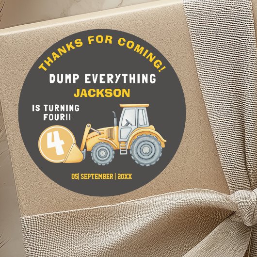 Construction Birthday 4| Excavator “Dump Everythin Ronde Sticker