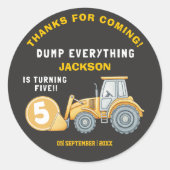 Construction Birthday 5 Excavator “Dump Everythin Ronde Sticker (Voorkant)