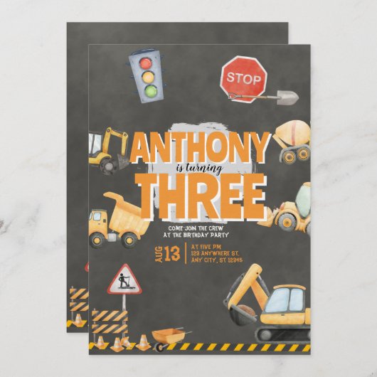 Construction Birthday Invitation (Devant / Derrière)