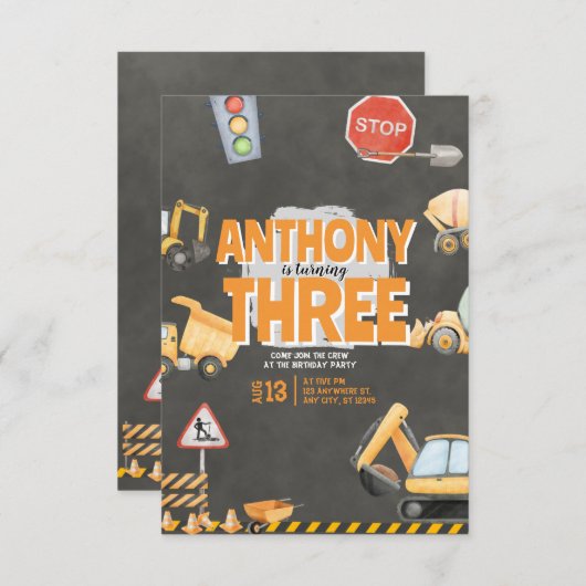 Construction Birthday Invitation (Devant / Derrière)