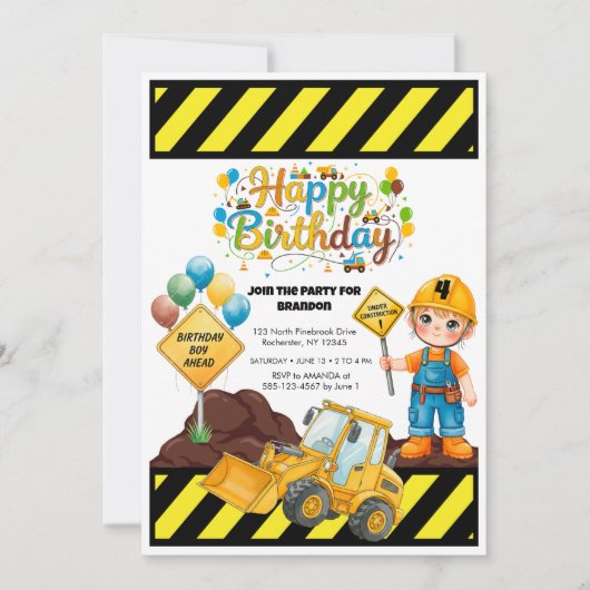 Construction Birthday Theme Party Invitation (Devant)
