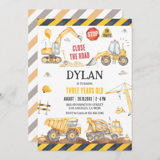 Construction Boy Birthday Invitation (Devant / Derrière)
