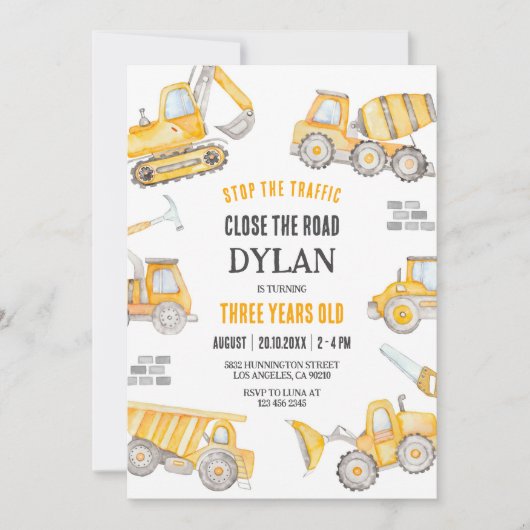 Construction Boy Birthday Invitation (Devant)