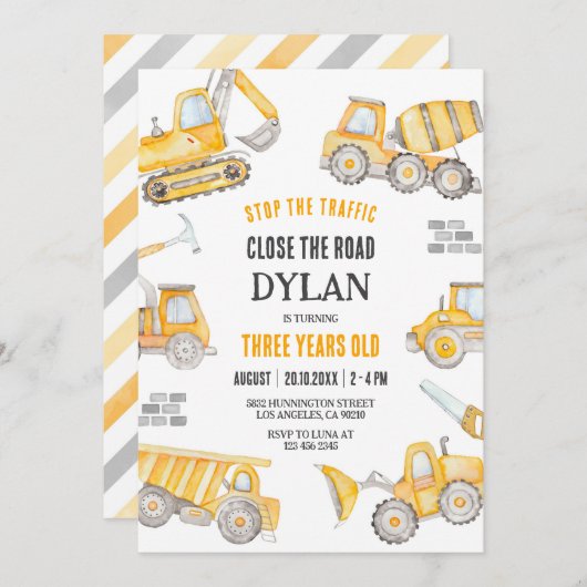 Construction Boy Birthday Invitation (Devant / Derrière)