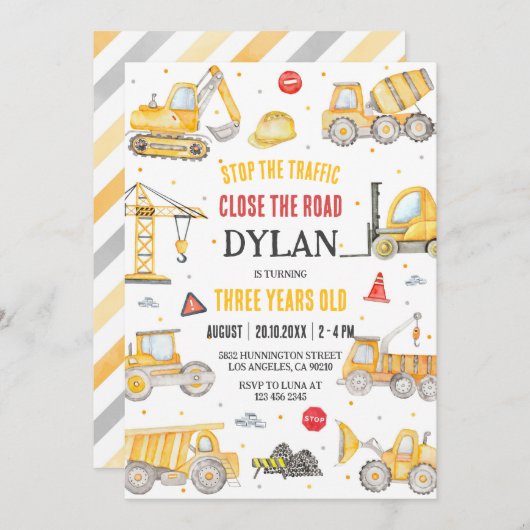 Construction Boy Birthday Invitation (Devant / Derrière)