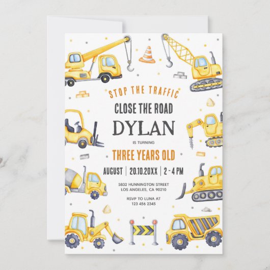 Construction Boy Birthday Invitation (Devant)
