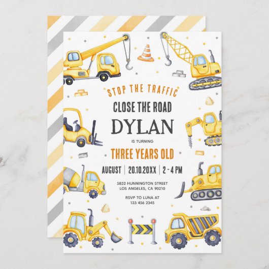 Construction Boy Birthday Invitation (Devant / Derrière)