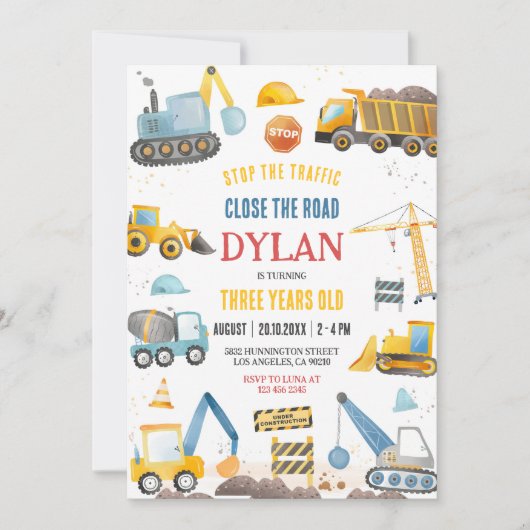 Construction Boy Birthday Invitation (Devant)