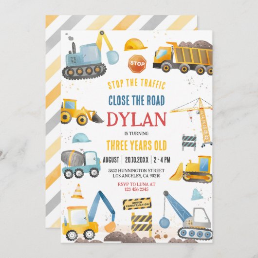 Construction Boy Birthday Invitation (Devant / Derrière)